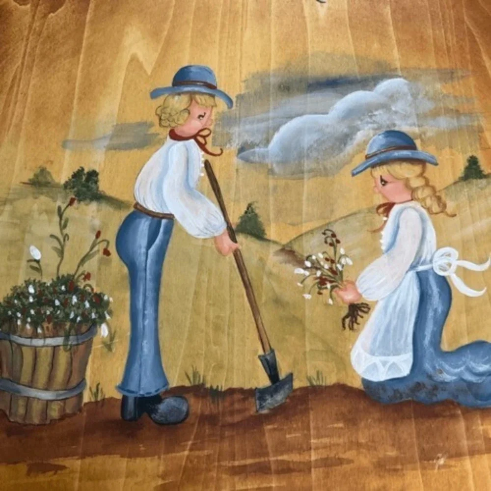 VTG 89's Folk Art Hand Painted Wooden Plate Plant with Love Harvest with Joy 14